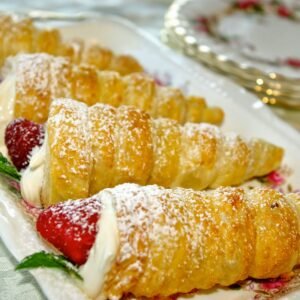 Casa Bake sausage rolls with cream and powdered sugar on a white plate.