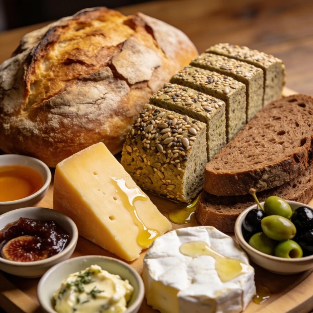 Variety of artisan breads including sourdough and gluten-free options displayed on a charcuterie board