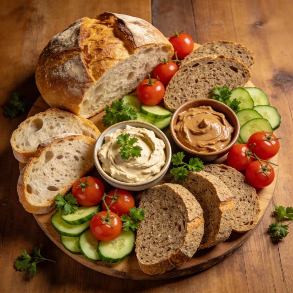 Artisan bread served with dips and garnishes on a dining table